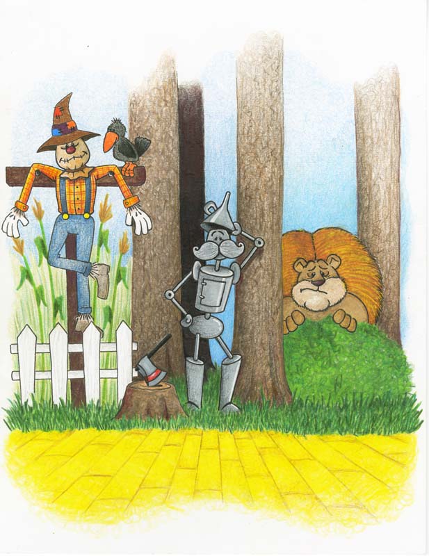Illustration of the scarecrow, tin man and the lion