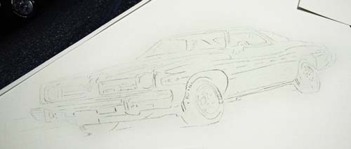 Vehicle photo transfered to paper in light pencil lines