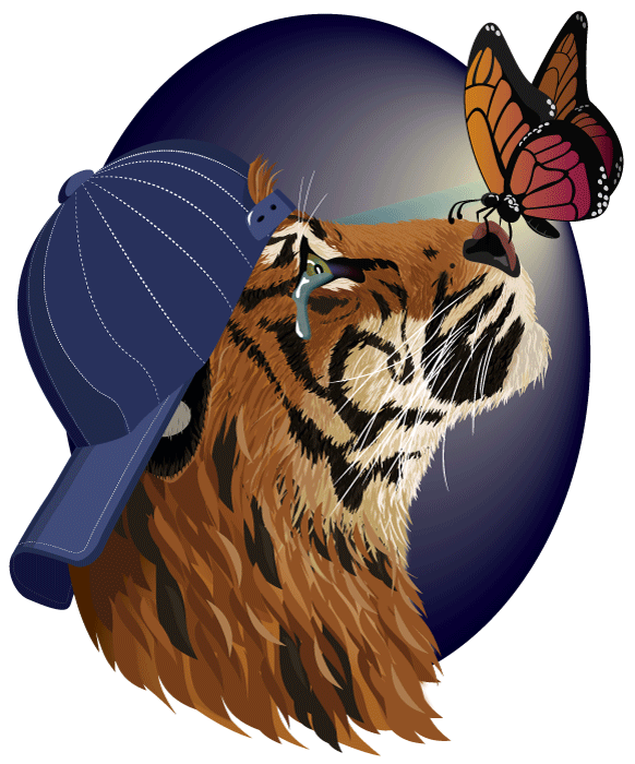 tiger in baseball cap looking at a butterfly